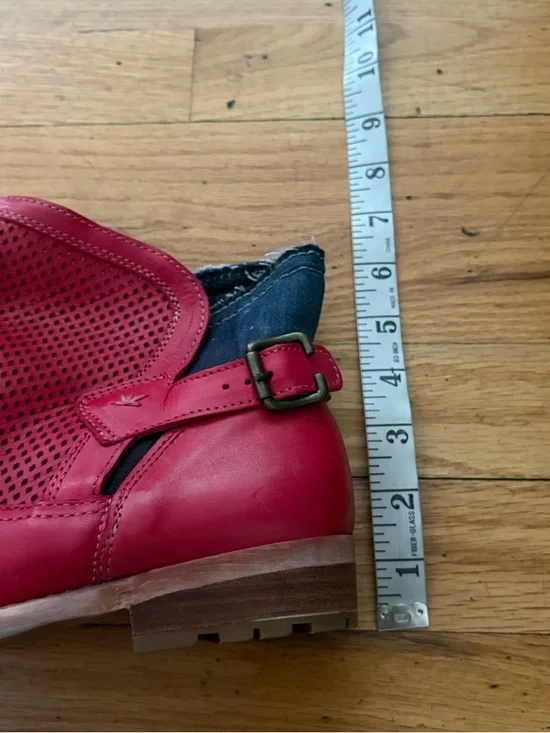 Stockerpoint Red Leather & Denim Ankle Boots Buckle Moto Euro 38 US 8 - Picture 2 of 6